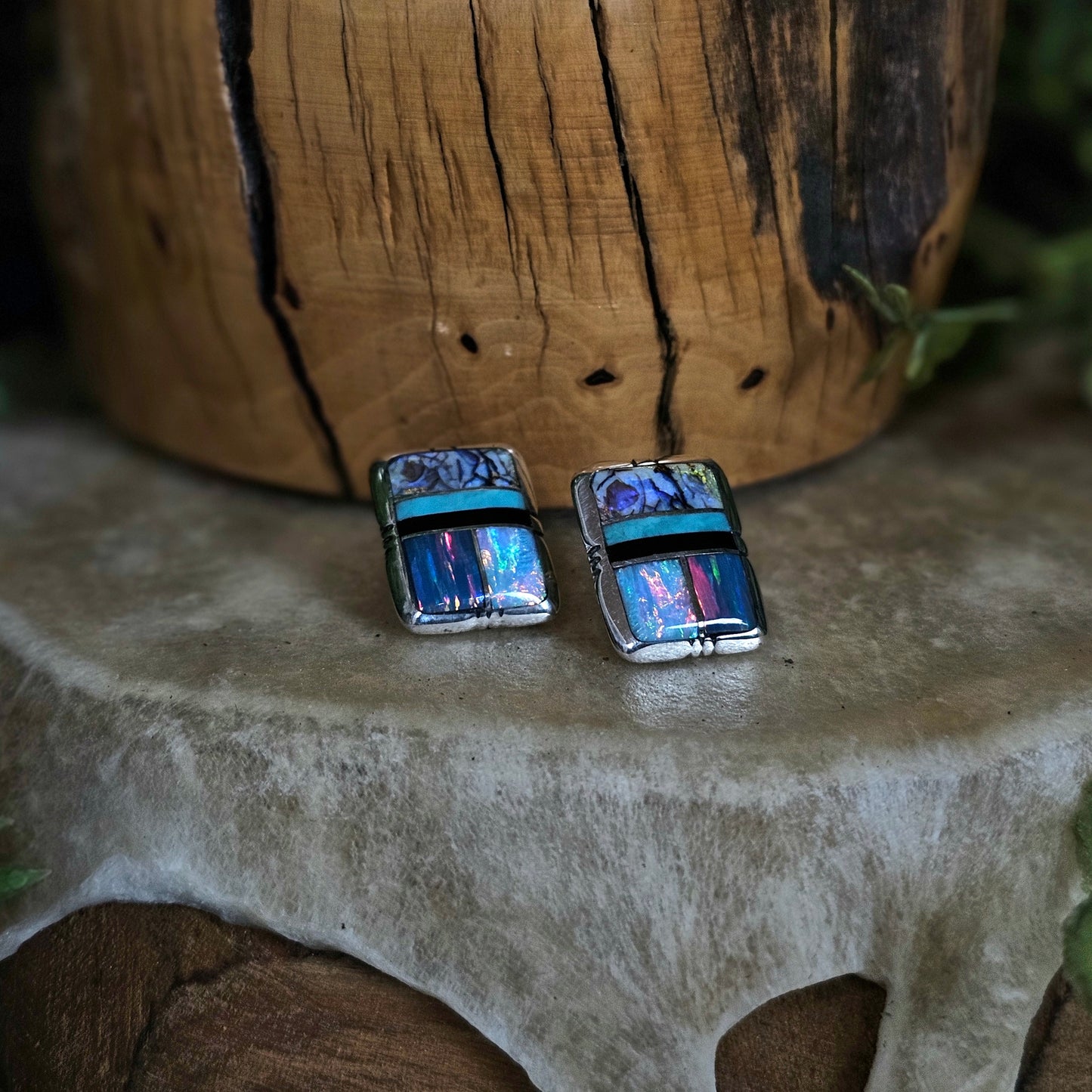 Zuni Earrings w/ Black Onyx, Kingman Turquoise, Opal, and Spiderweb Opal
