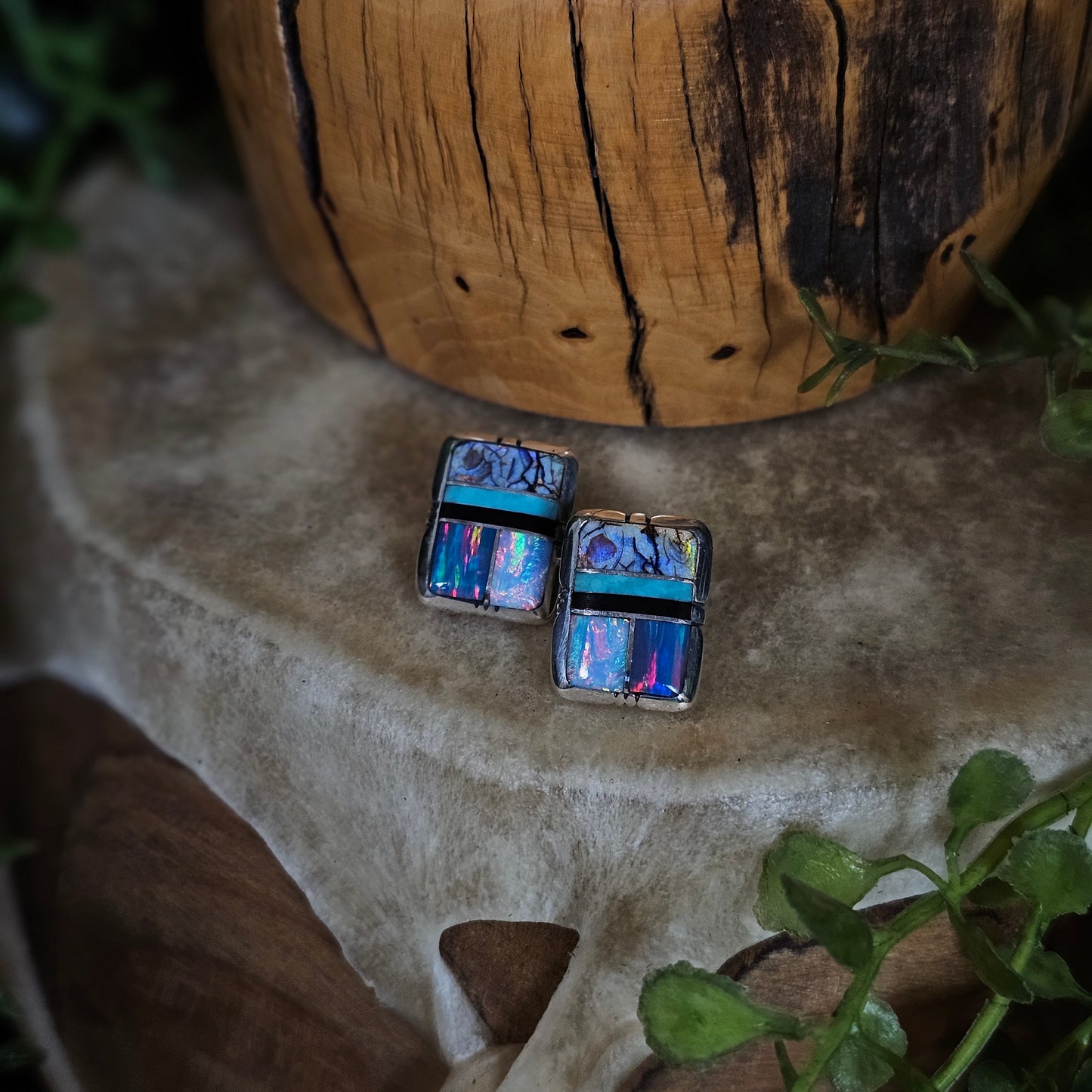 Zuni Earrings w/ Black Onyx, Kingman Turquoise, Opal, and Spiderweb Opal