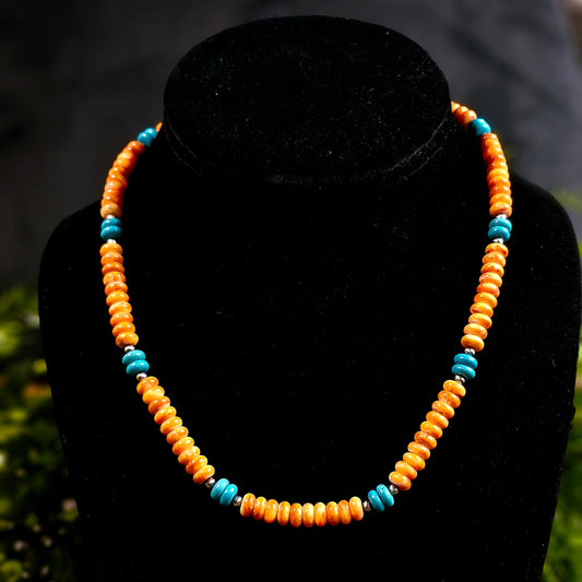 16in. Heishi Bead Necklace w/ Kingman Turquoise, Spiny Oyster, and Navajo Pearls