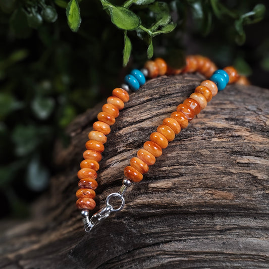 16in. Heishi Bead Necklace w/ Kingman Turquoise, Spiny Oyster, and Navajo Pearls