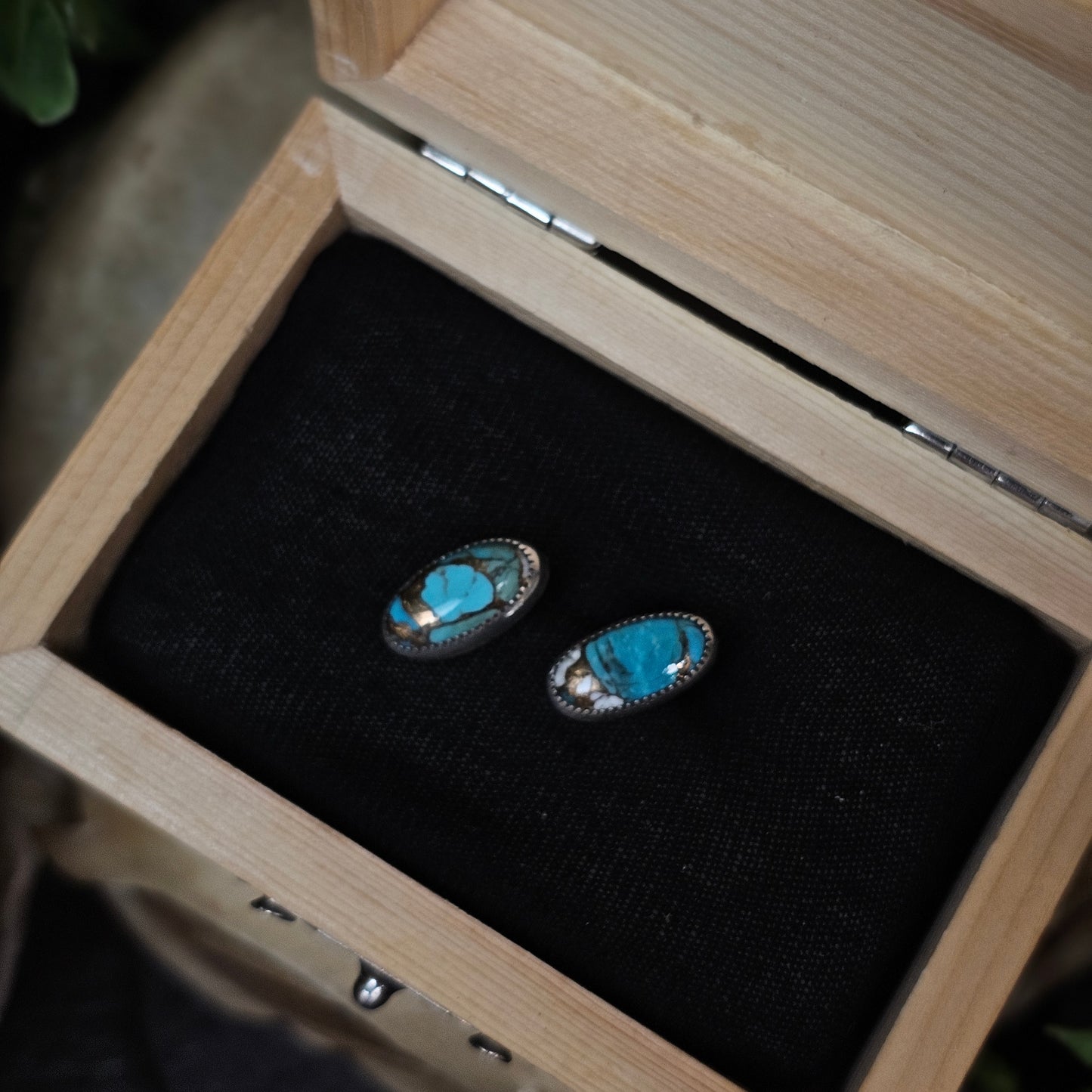 Kingman Turquoise Earrings w/ Brass and White Buffalo