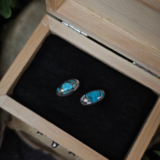 Kingman Turquoise Earrings w/ Brass and White Buffalo