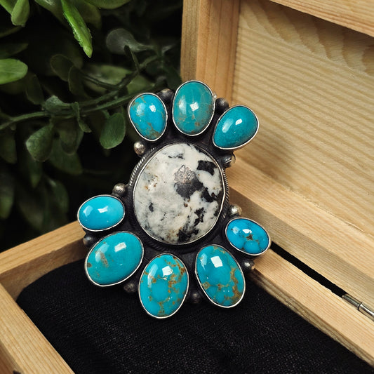 Adjustable Kingman Turquoise Ring w/ White Buffalo