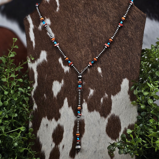 20in. Navajo Pearl Lariat Necklace w/ Kingman Turquoise and Spiny Oyster