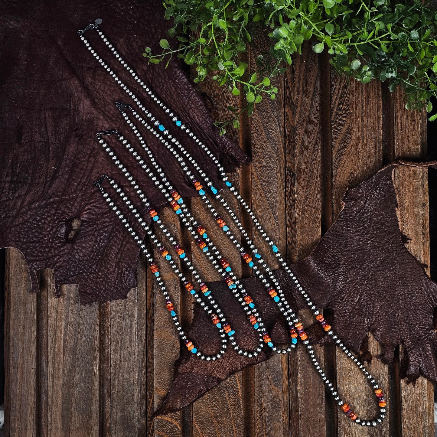 Navajo Pearl Necklace w/ Kingman Turquoise and Spiny Oyster Stone - Various Styles