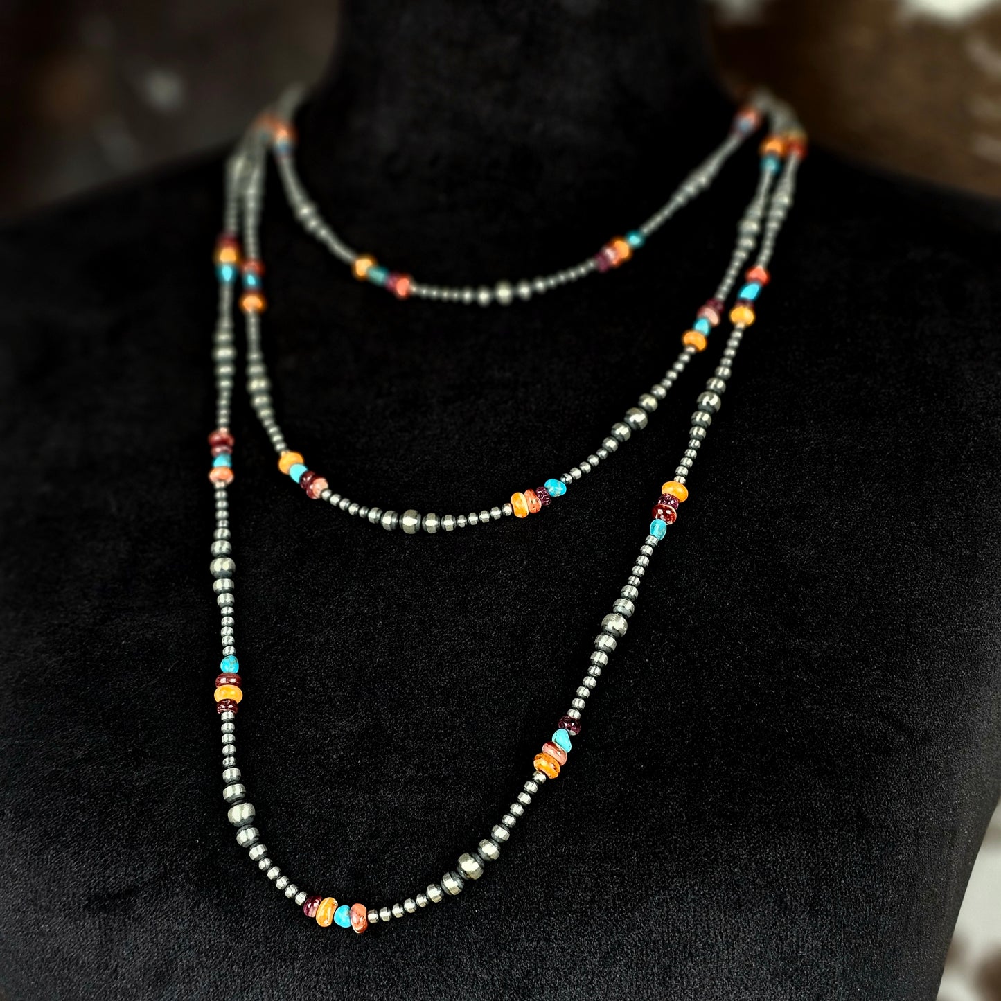 72in. Navajo Pearl Necklace w/ Kingman Turquoise and Spiny Oyster
