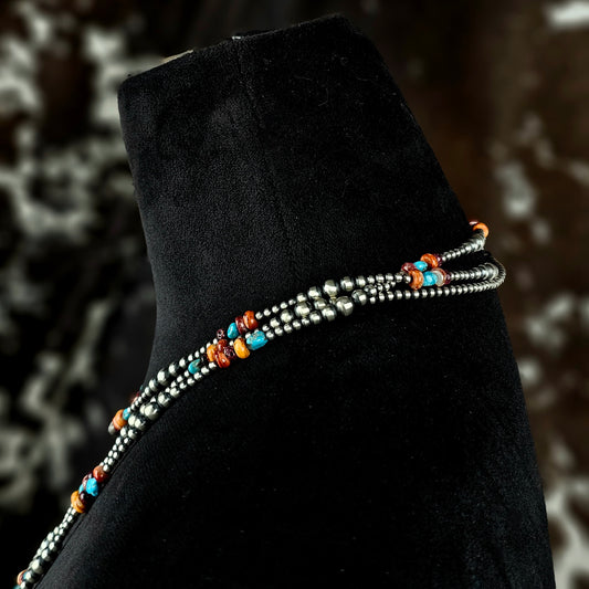 72in. Navajo Pearl Necklace w/ Kingman Turquoise and Spiny Oyster