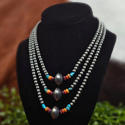Navajo Pearl Necklace w/ Kingman Turquoise, Spiny Oyster, and Saucer Bead - Various Styles