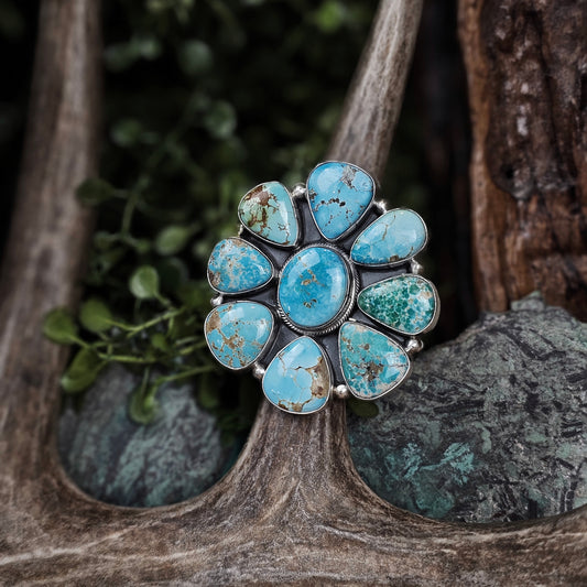 Kingman Turquoise Ring w/ Royston Turquoise and White Water Turquoise - Size 7.5