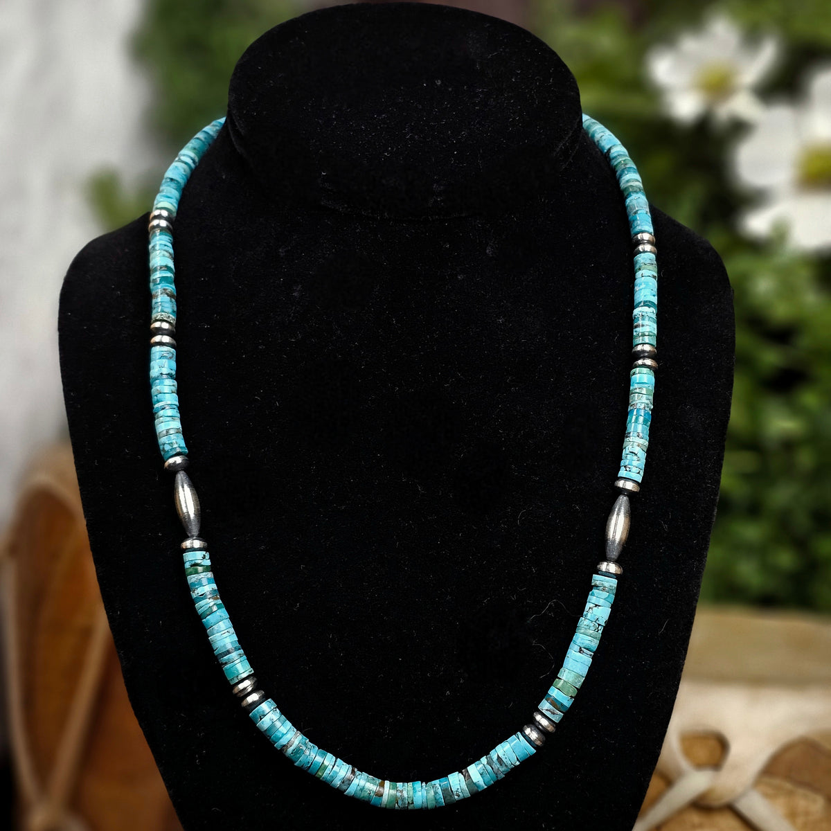 20in. Kingman Turquoise Heishi Necklace w/ Navajo Pearls