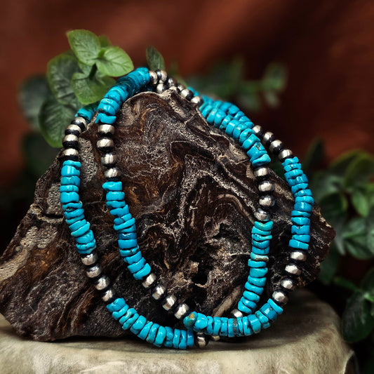 Navajo Pearl Stretch Bracelet w/ Kingman Turquoise Heishi Beads