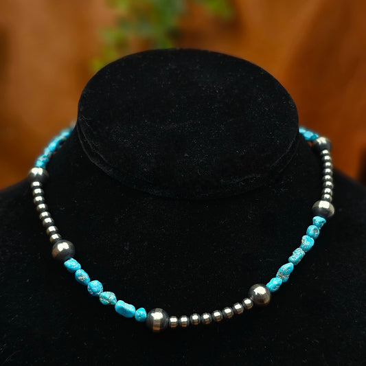 14in. Navajo Pearl Necklace w/ Kingman Turquoise Heishi Beads