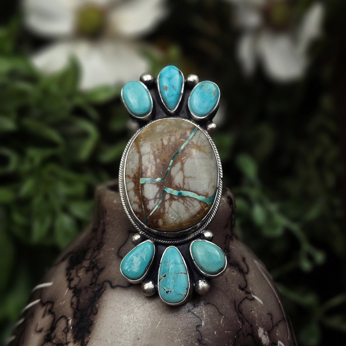 Boulder Turquoise Ring w/ White Water Turquoise - Size 7.5