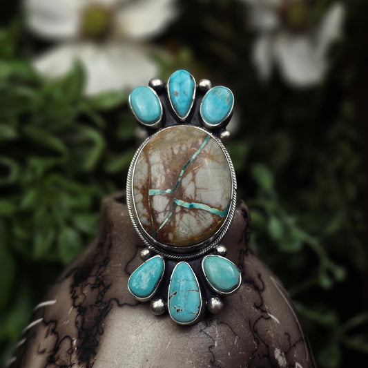 Boulder Turquoise Ring w/ White Water Turquoise - Size 7.5