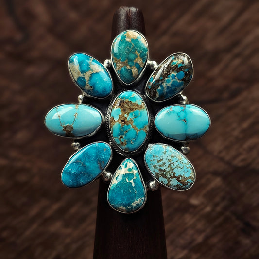 Boulder Turquoise Ring w/ Kingman Turquoise and White Water Turquoise - Size 9