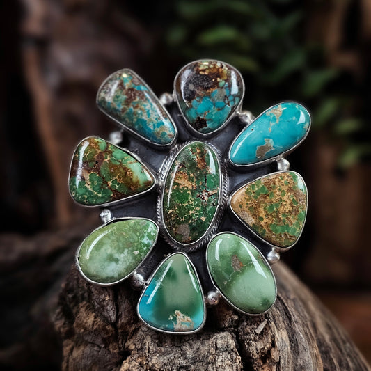 Sierra Nevada Turquoise Ring w/ Boulder Turquoise, Royston Turquoise, and Sonoran Turquoise - Size 8
