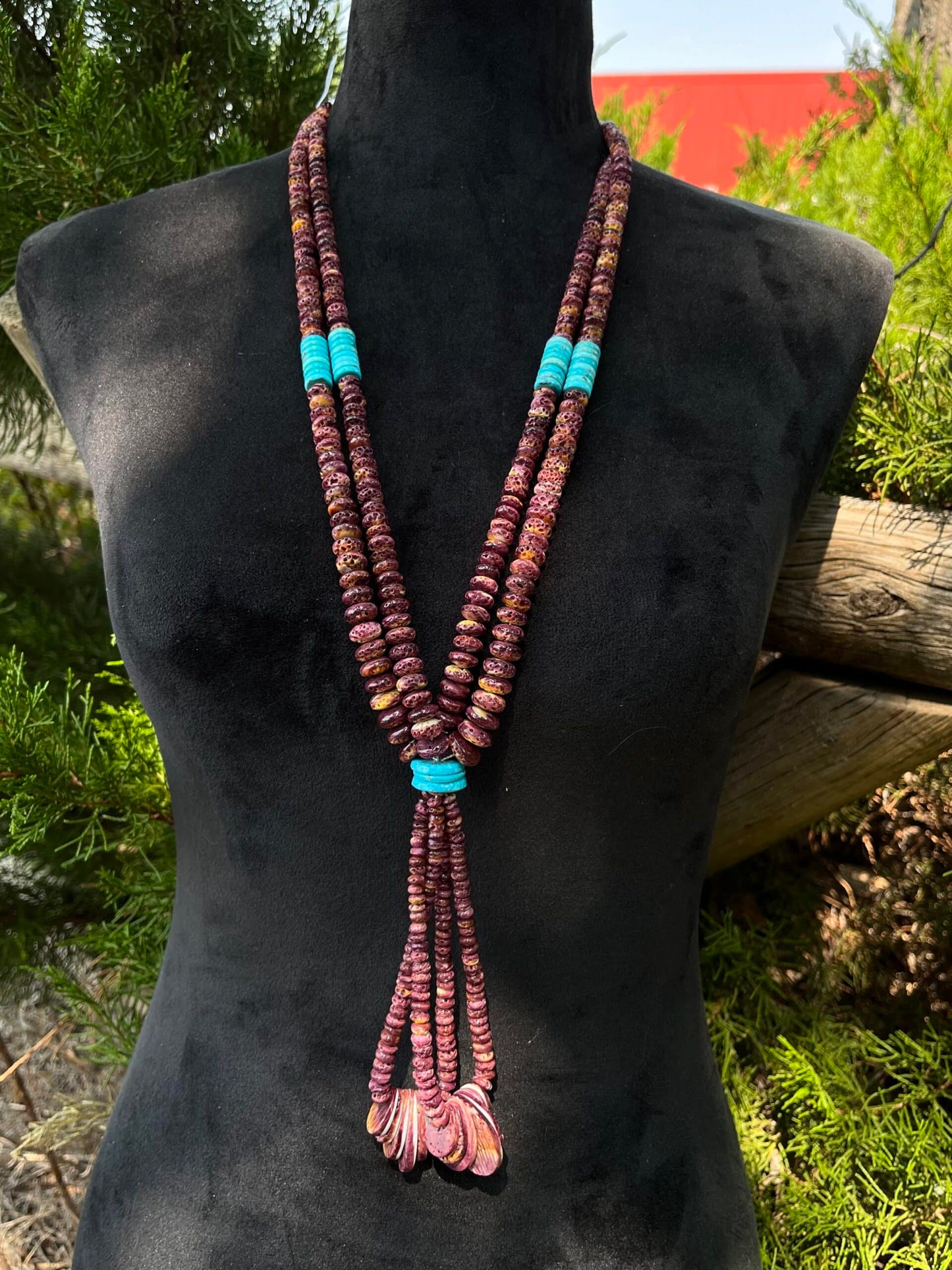 Kingman Turquoise and Spiny Oyster Lariat Heishi Necklace