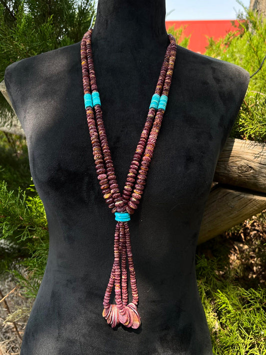 Kingman Turquoise and Spiny Oyster Lariat Heishi Necklace