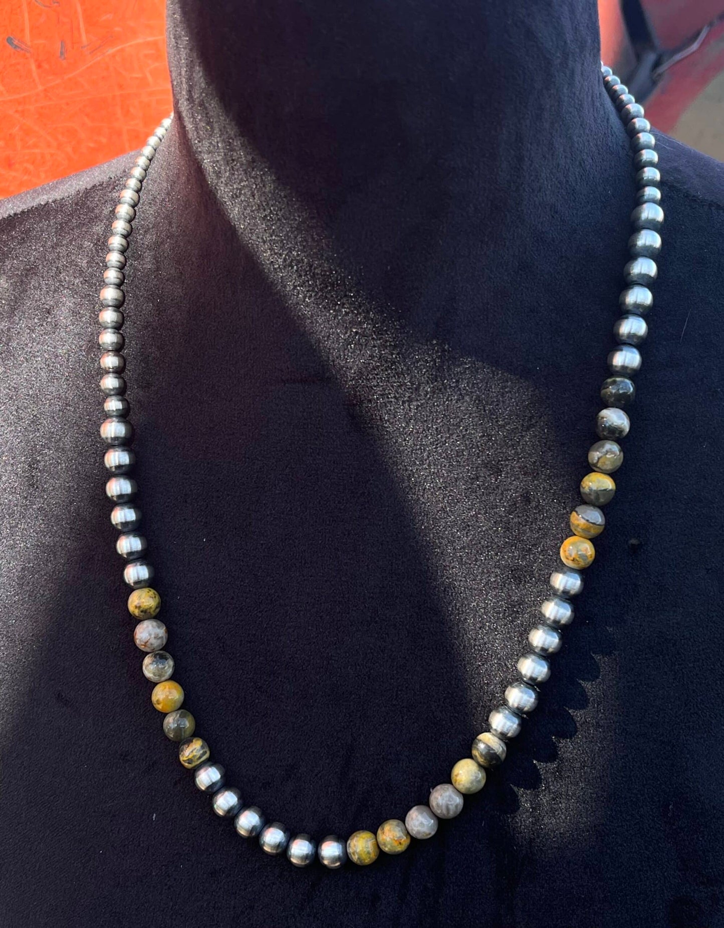 Navajo Pearl Necklace with Bumble Bee Jasper - 24"