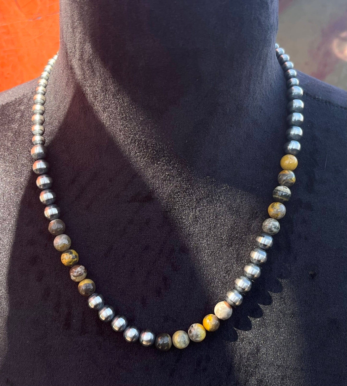 Navajo Pearl Necklace with Bumble Bee Jasper - 20"