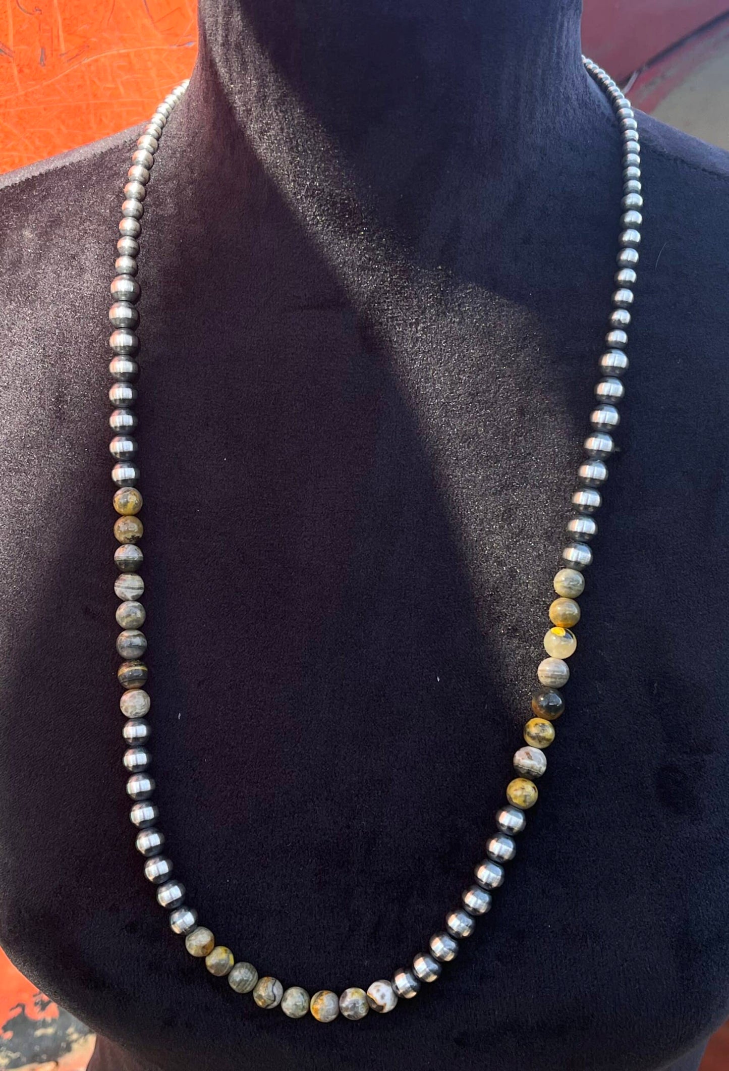 Navajo Pearl Necklace with Bumble Bee Jasper - 30"