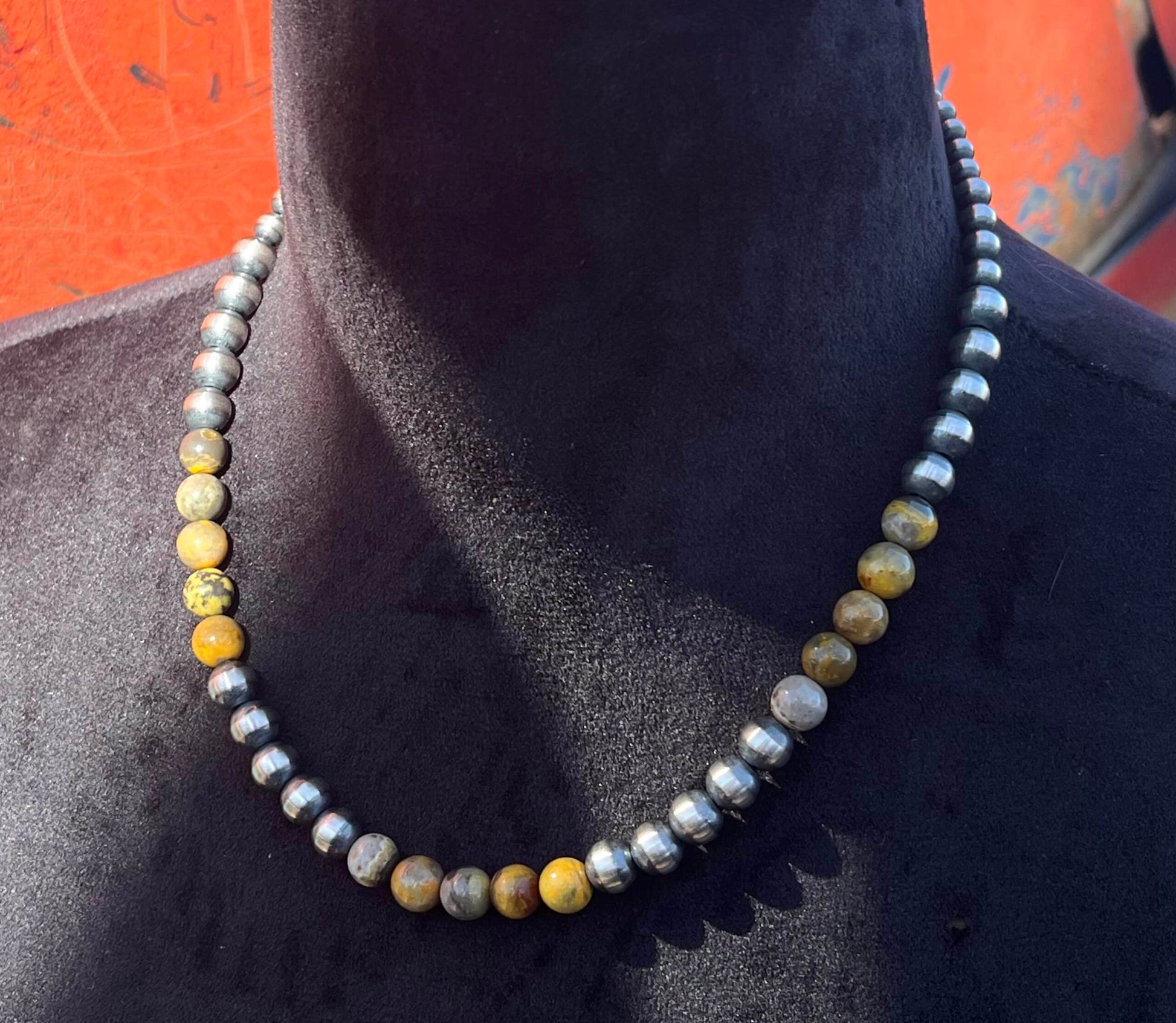 Navajo Pearl Necklace with Bumble Bee Jasper - 18"