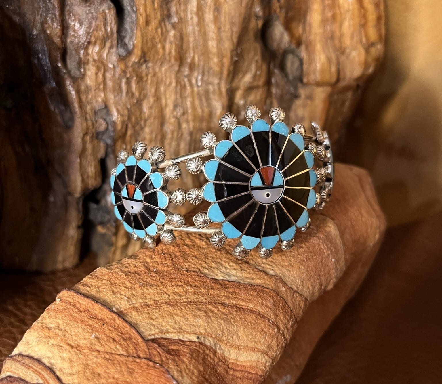 Zuni Inlay Sunface Necklace, Earring, Cuff and Ring Set – Dakota