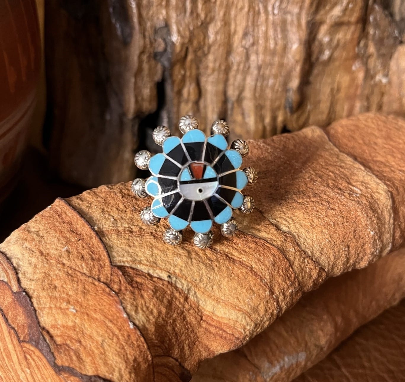 Zuni Inlay Sunface Necklace, Earring, Cuff and Ring Set – Dakota
