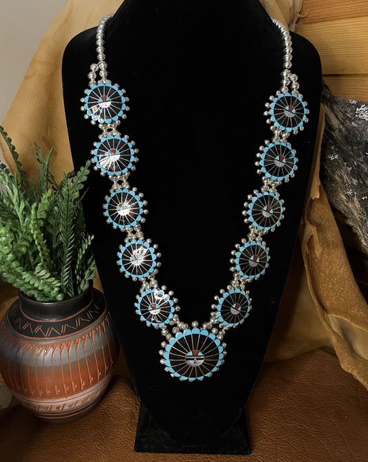 Zuni Inlay Sunface Necklace, Earring, Cuff and Ring Set