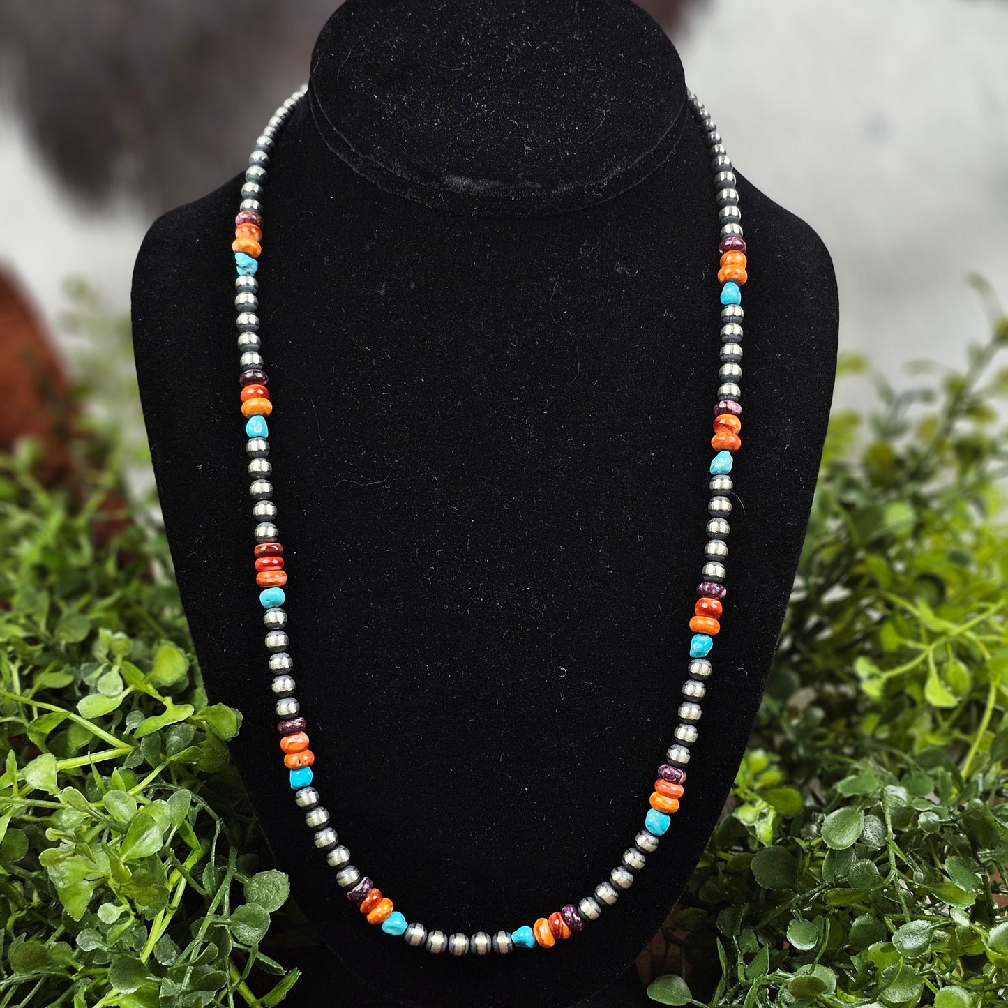 Navajo Pearl Necklace w/ Kingman Turquoise and Spiny Oyster Stone - Various Styles